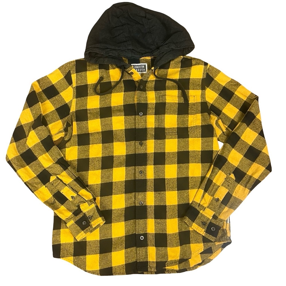 Cornerstore Bodega Mens Hooded Flannel Shirt Yellow Black Buffalo Plaid Medium